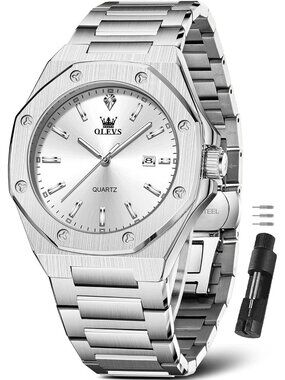 Men's Silver White Luxury Stainless Steel Octagon Analog Quartz Waterproof Watch